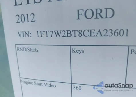 2012 Ford F-250 Lariat from USA, damaged, VIN 1FT7W2BT8CEA23601